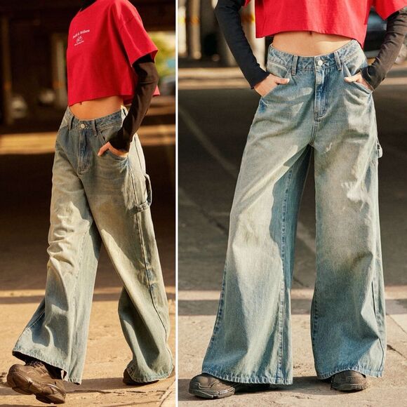 NWT Cider High Waist Wide Leg Carpenter Jeans Light Grunge Wash Size Medium NEW - Picture 16 of 16